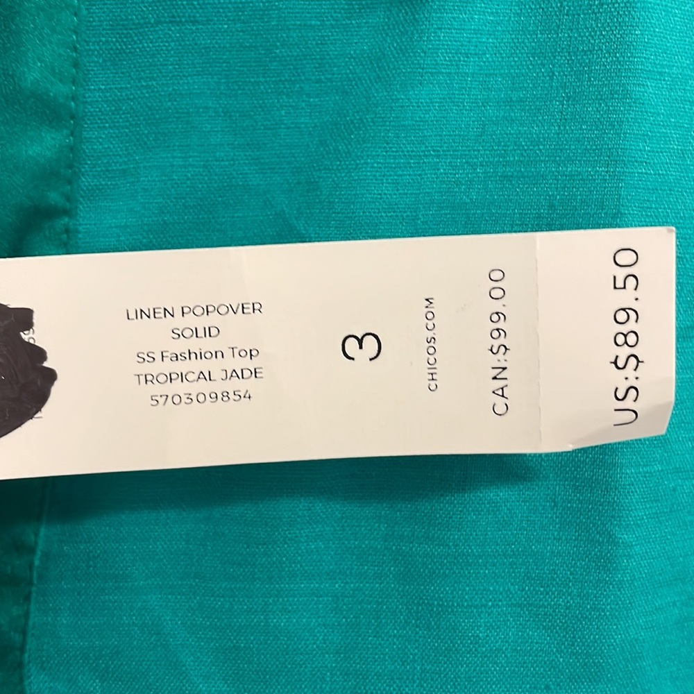 ♥️ NWT Chico’s Linen Popover Blouse Sz 3 ( US 16/18) Jade Green - Picture 7 of 8